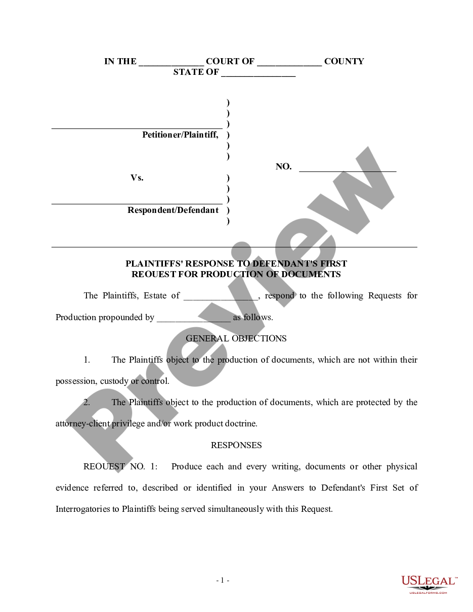 page 0 Plaintiff's Response to Defendant's First Request for Production of Documents - Personal injury preview