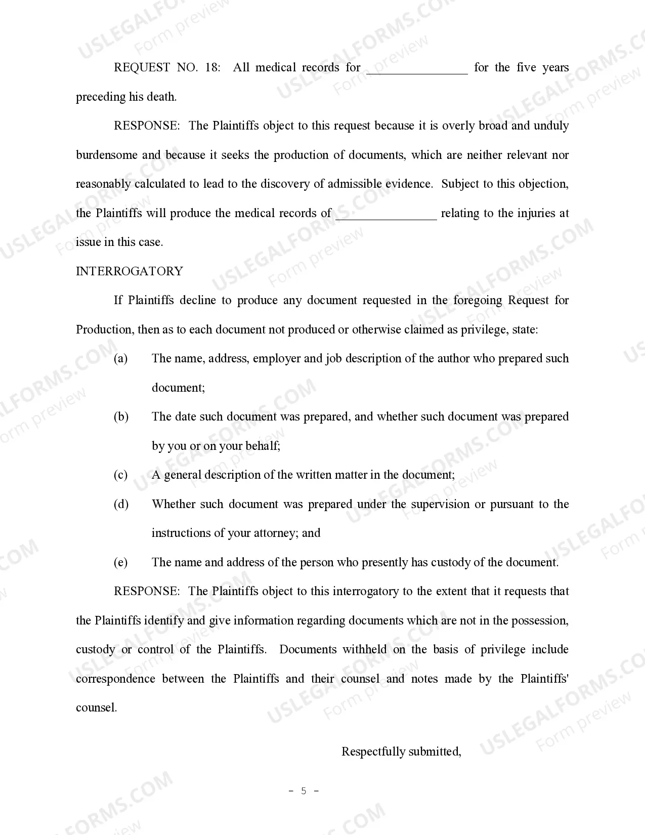 Preview Plaintiff's Response to Defendant's First Request for Production of Documents - Personal injury