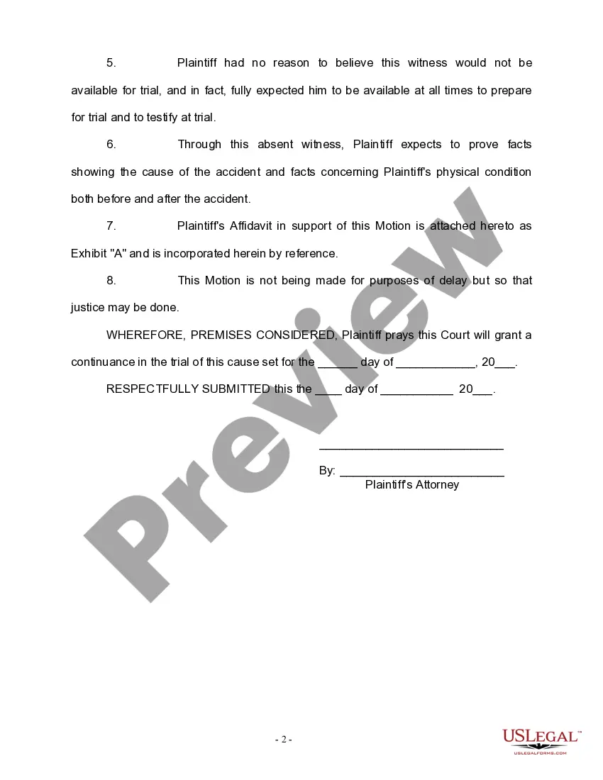 Get Motion for Continuance - Personal Injury Preview Motion for Continuance - Personal Injury