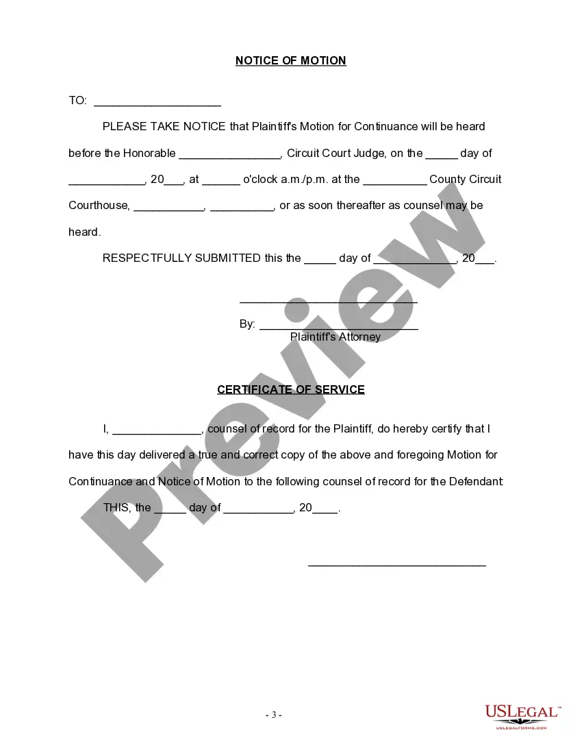 Get Motion for Continuance - Personal Injury Preview Motion for Continuance - Personal Injury