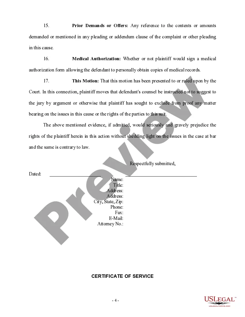 Get Motion in Limine - Personal Injury Preview Motion in Limine - Personal Injury