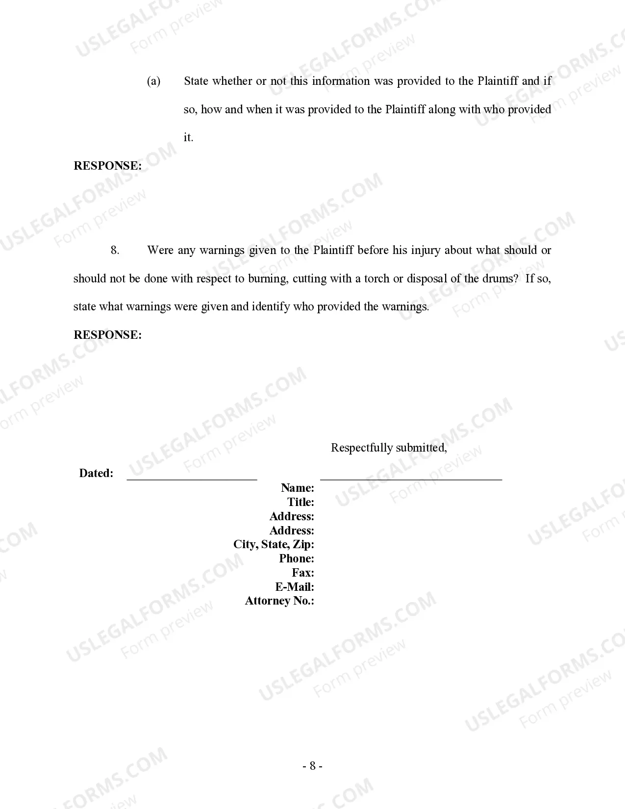 Preview Interrogatories to Defendant - Personal Injury