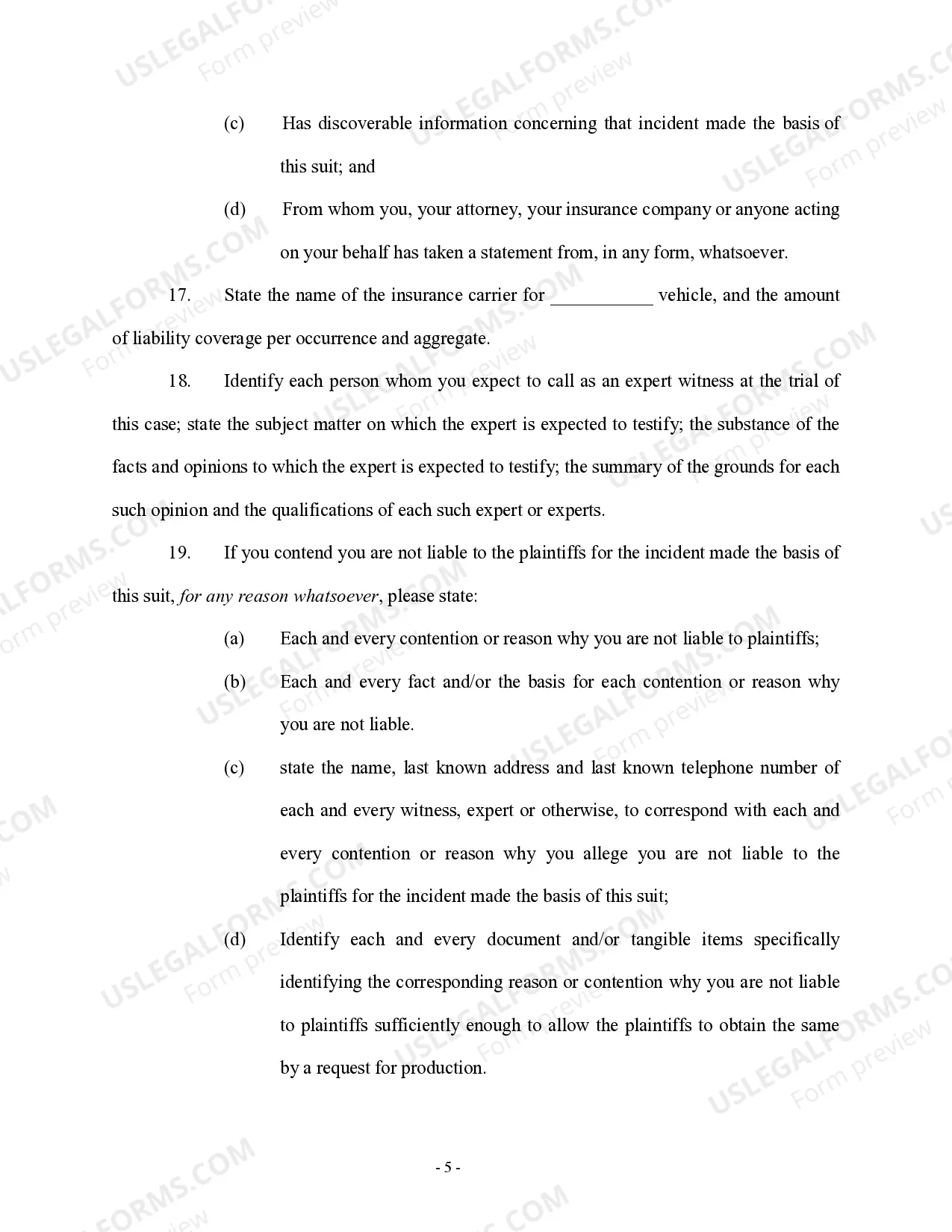 Preview Interrogatories to Defendant - First Set - Personal Injury