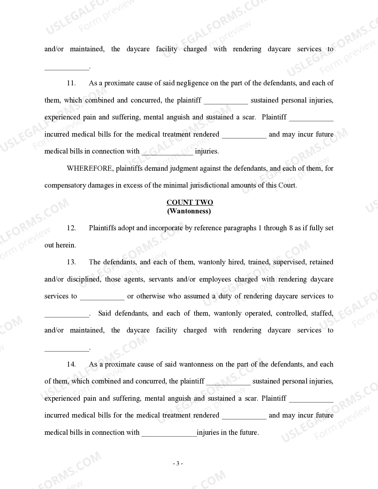 Preview Complaint regarding Injury to Child at Day Care