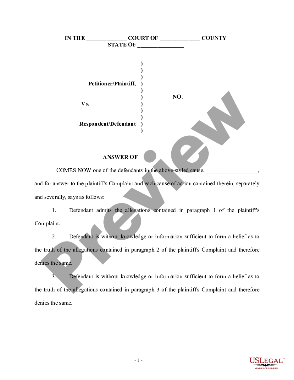 page 0 Answer - Personal Injury - Pharmaceutical - Multiple Defendants preview