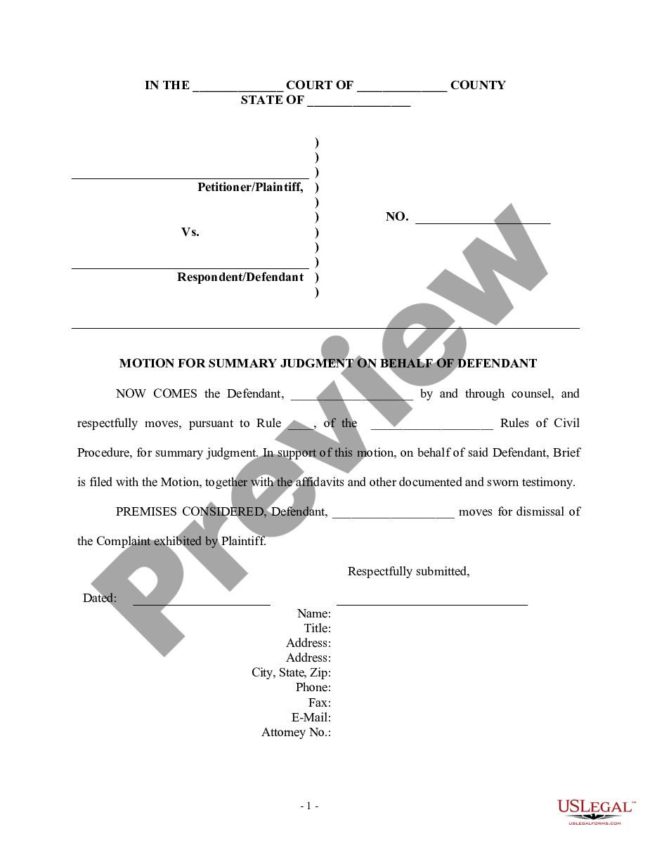 page 0 Motion for Summary Judgment on Behalf of Defendant preview