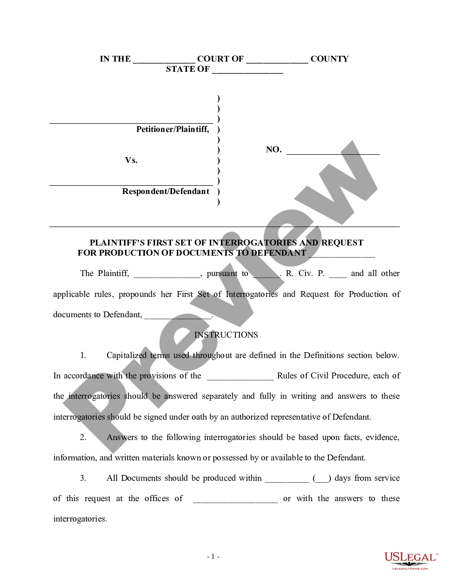 page 0 Plaintiff's First Set of Interrogatories and Requests for Production of Documents to Defendant preview