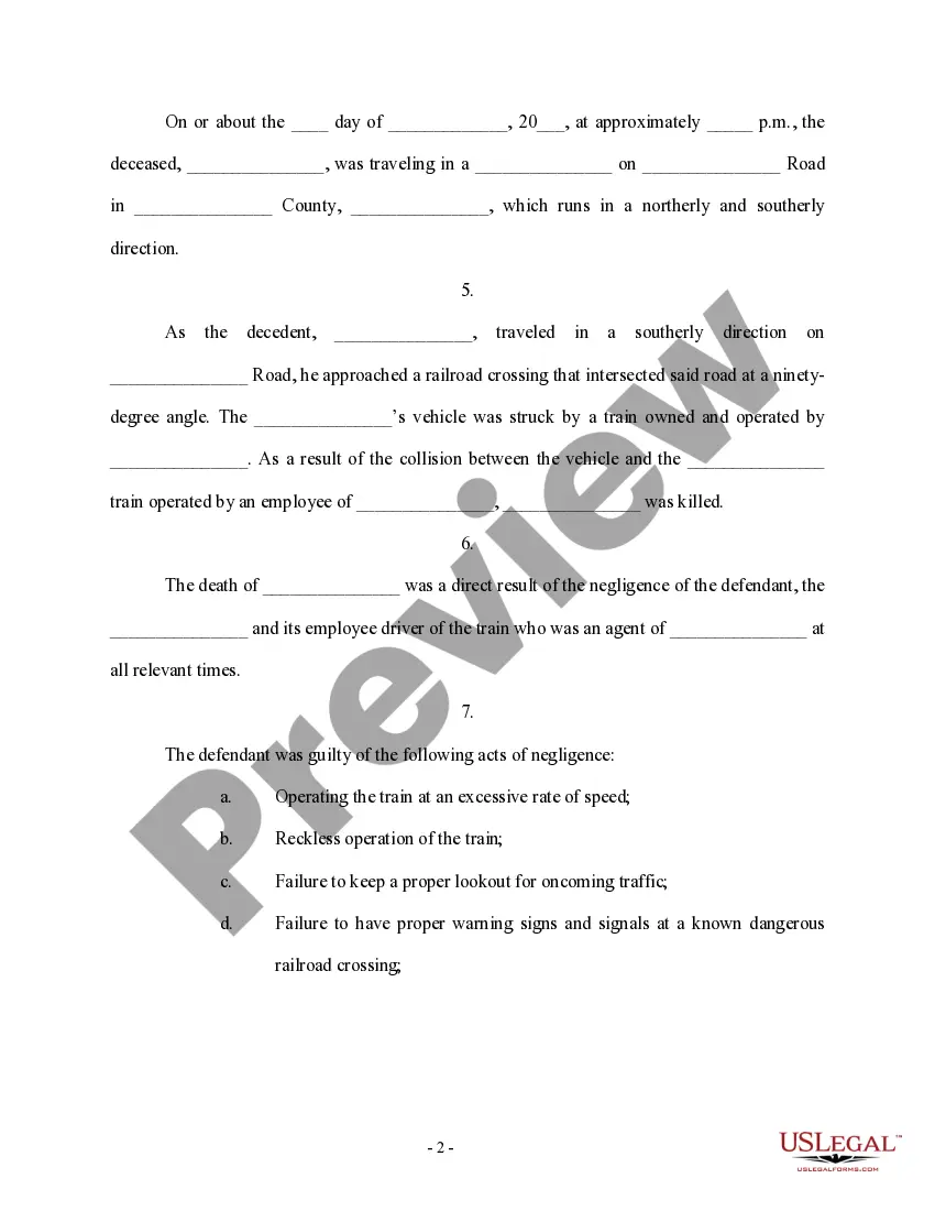 Get Complaint for Personal Injury and Wrongful Death Due to Train or Automobile Accident Preview Complaint for Personal Injury and Wrongful Death Due to Train or Automobile Accident