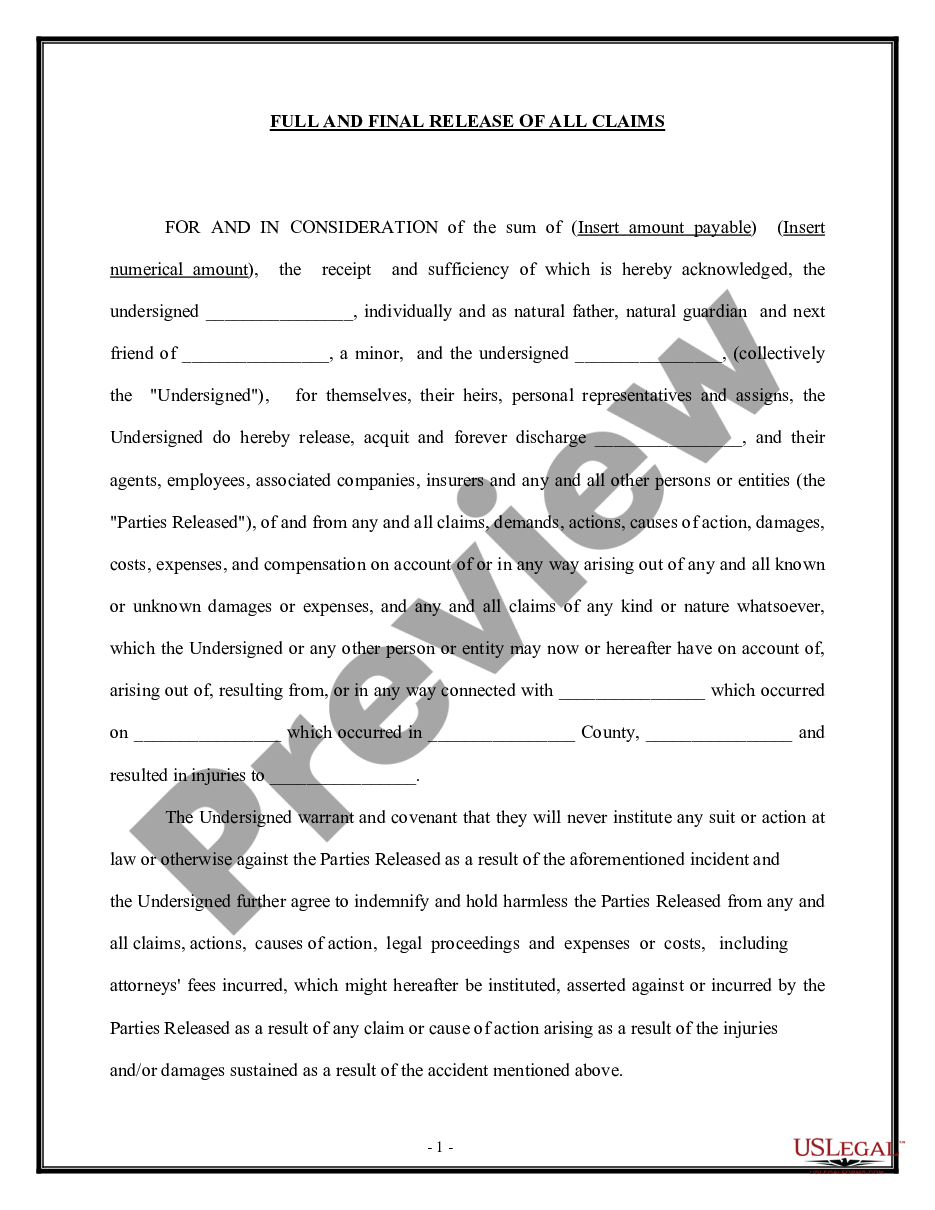 page 0 Full and Final Waiver and Release of All Claims in Personal Injury Suit involving a Minor preview