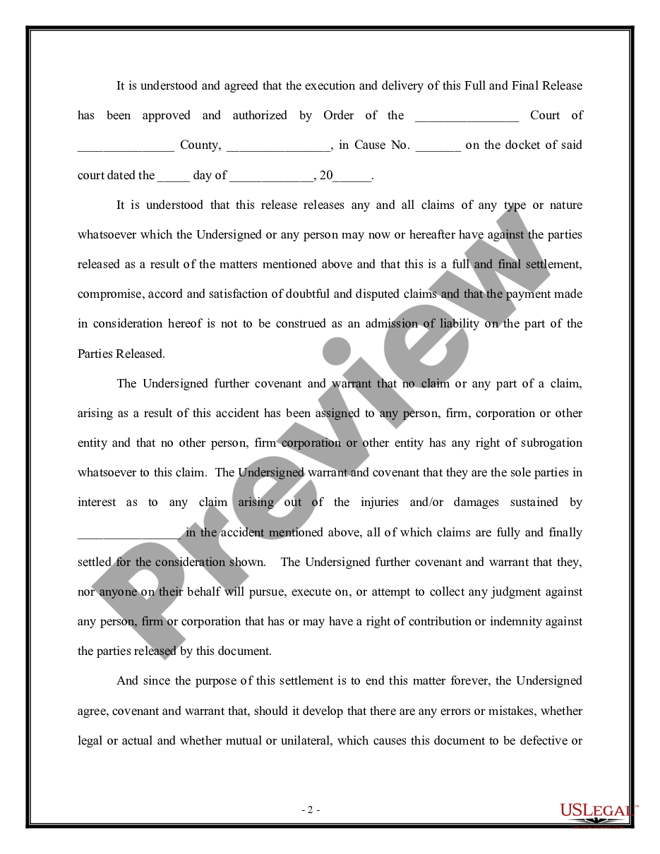 page 1 Full and Final Waiver and Release of All Claims in Personal Injury Suit involving a Minor preview