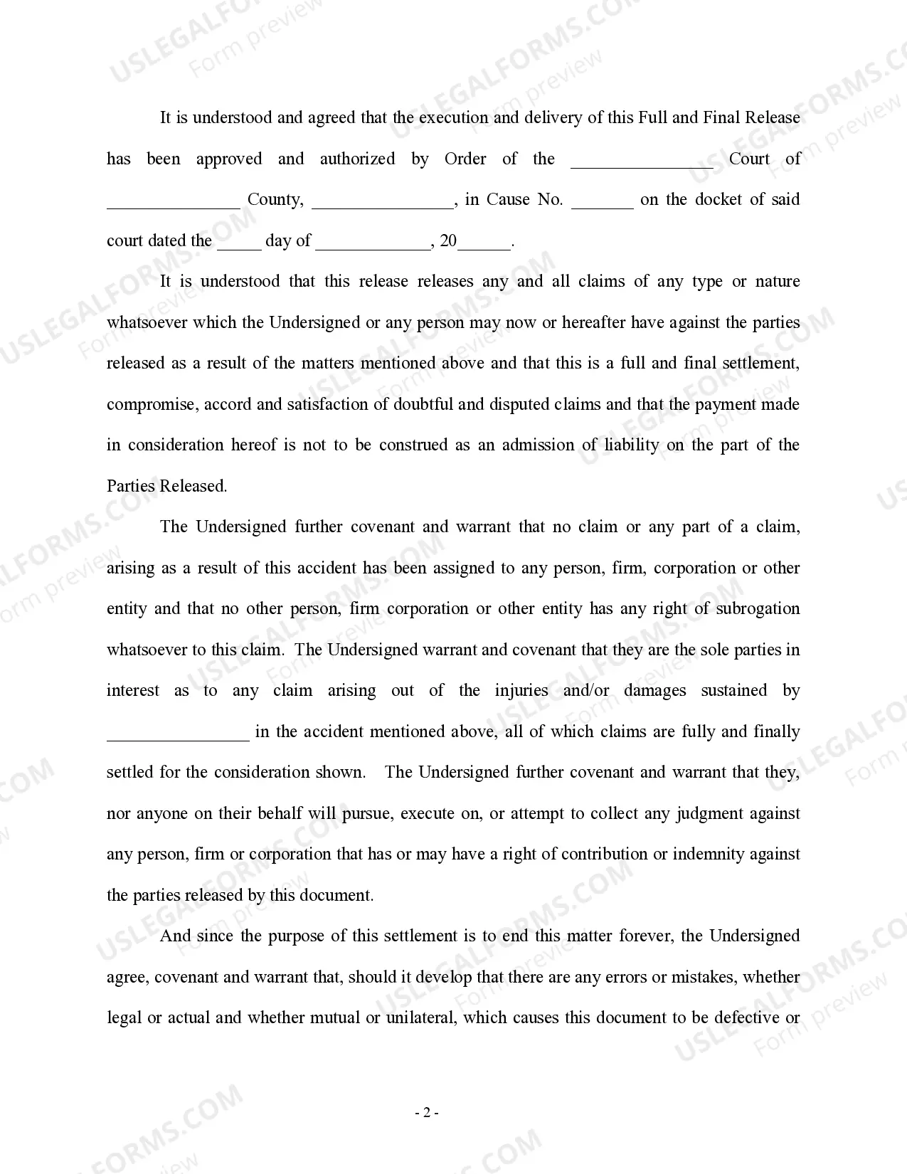 Preview Full and Final Waiver and Release of All Claims in Personal Injury Suit involving a Minor