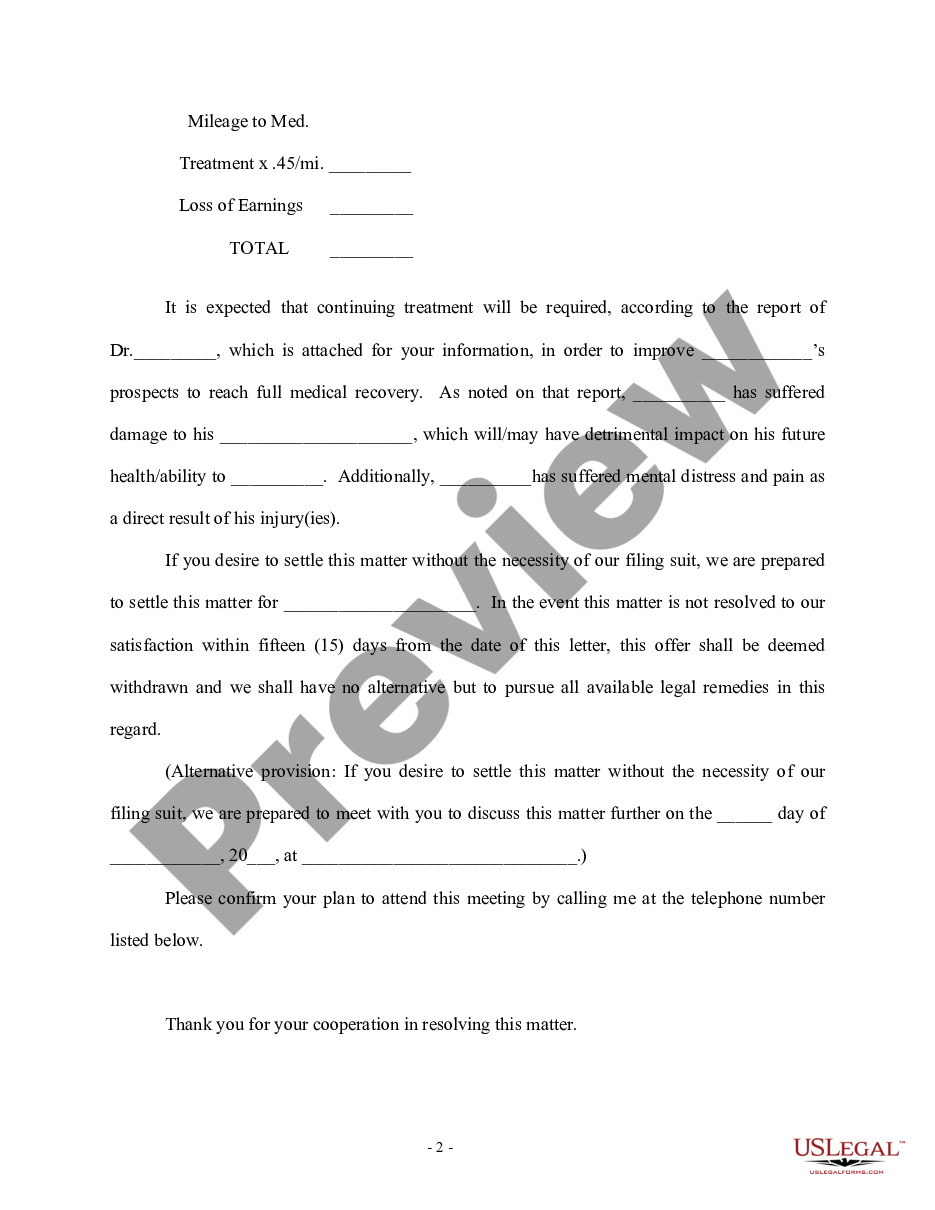 page 1 Letter regarding Notice and Settlement Offer - Personal Injury preview