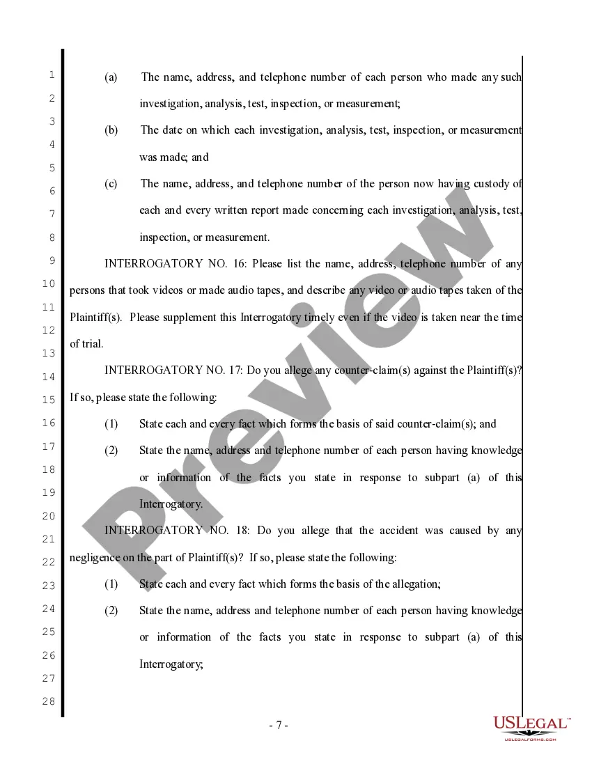 Preview Plaintiff's First Set of Interrogatories to Defendant - Personal Injury