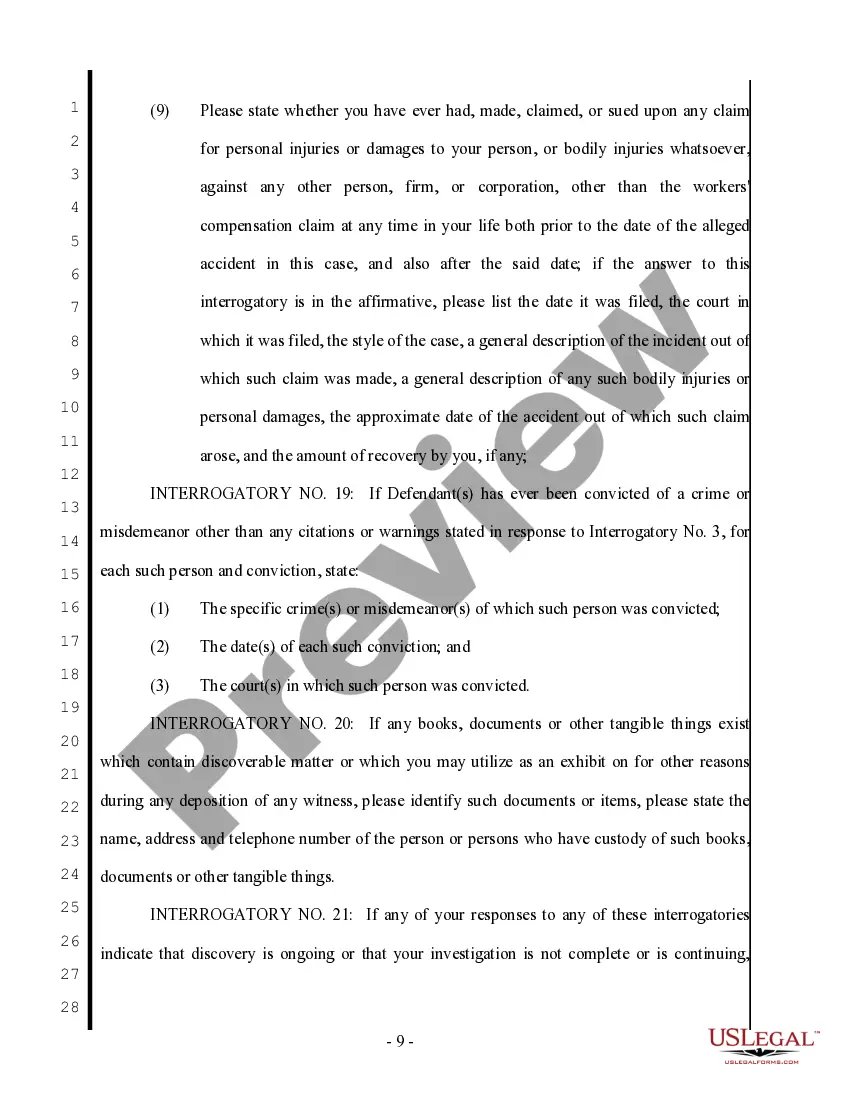 Preview Plaintiff's First Set of Interrogatories to Defendant - Personal Injury