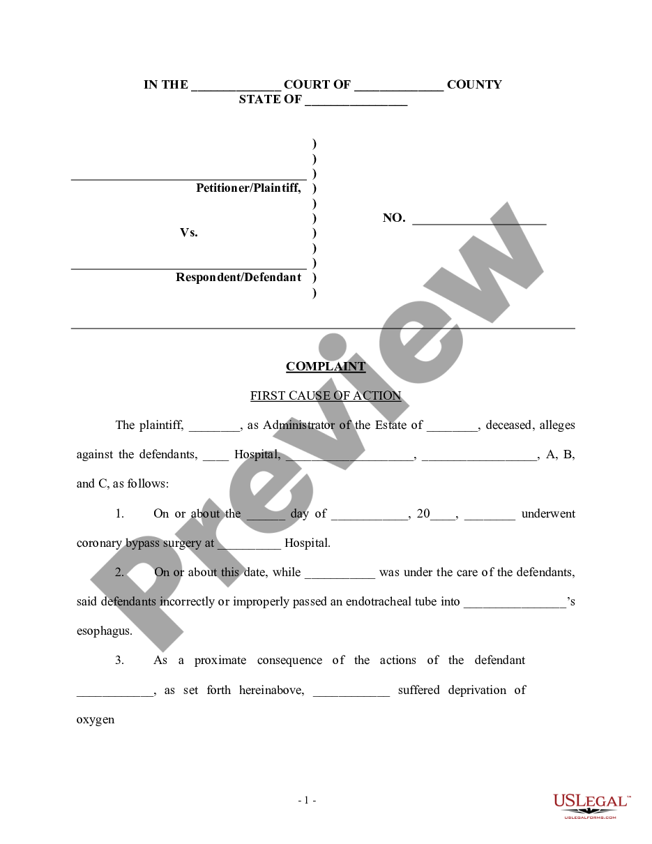 page 0 Complaint for Personal Injury and Wrongful Death for Improper Medical Treatment preview