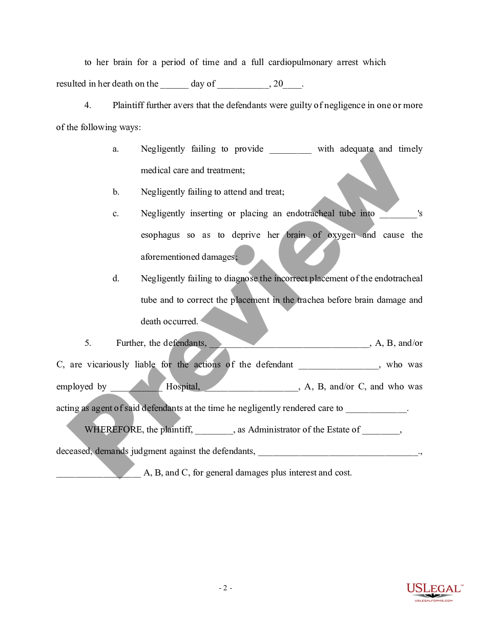 page 1 Complaint for Personal Injury and Wrongful Death for Improper Medical Treatment preview
