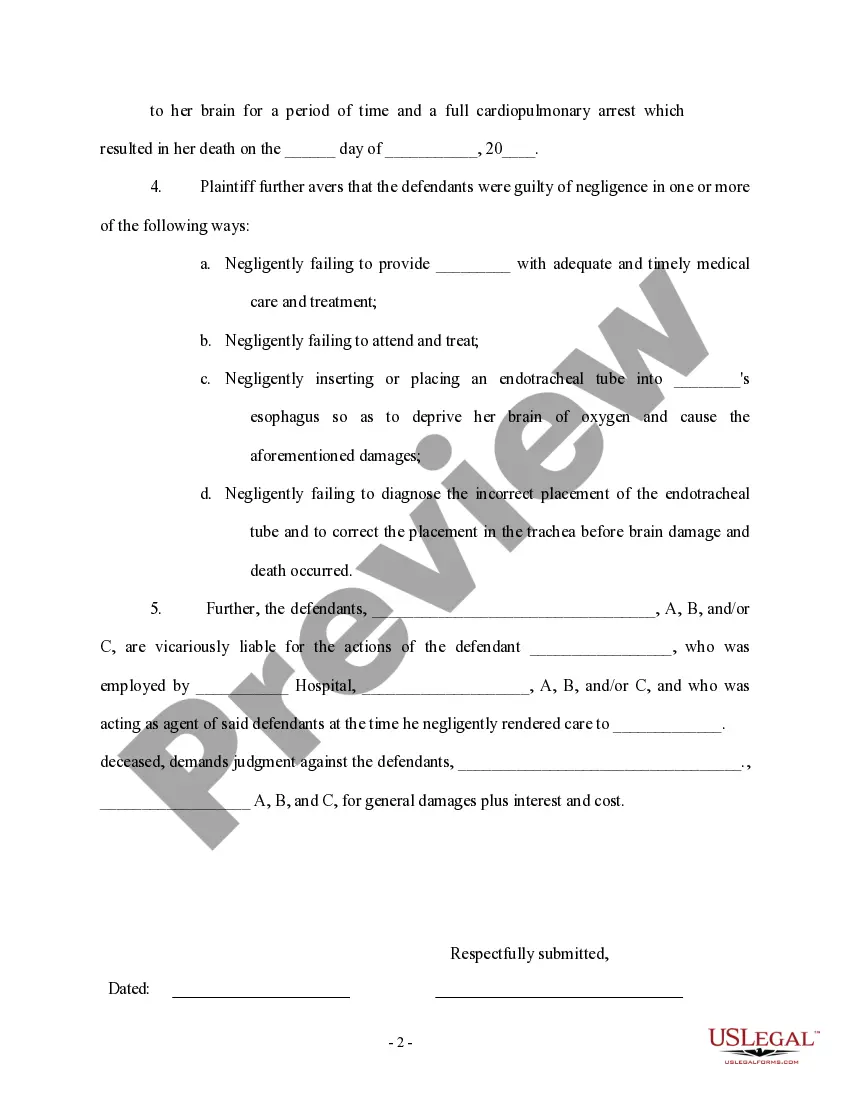 Get Complaint for Personal Injury and Wrongful Death for Improper Medical Treatment Preview Complaint for Personal Injury and Wrongful Death for Improper Medical Treatment