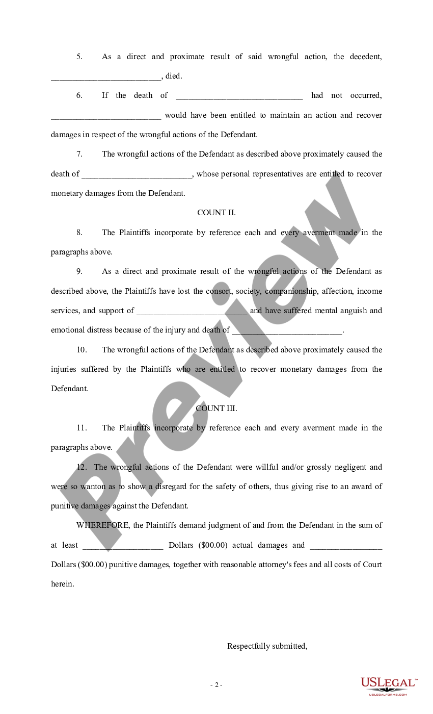 page 1 Complaint for Personal Injury and Wrongful Death due to Shooting / Violence preview