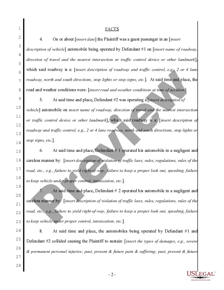 Get Complaint regarding Auto Accident (Guest passenger vs both drivers) Preview Complaint regarding Auto Accident (Guest passenger vs both drivers)