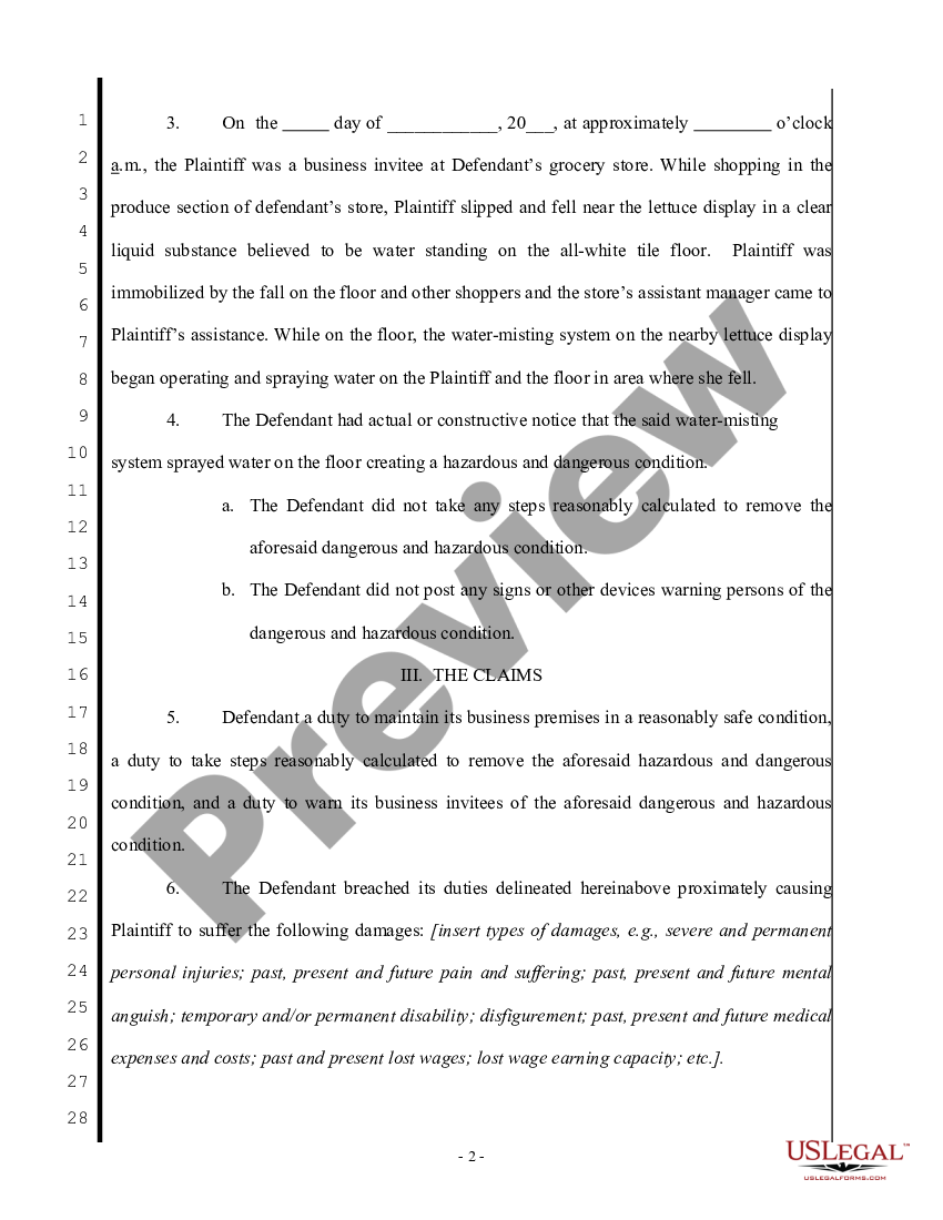 Complaint Regarding Slip And Fall Slip Fall Us Legal Forms