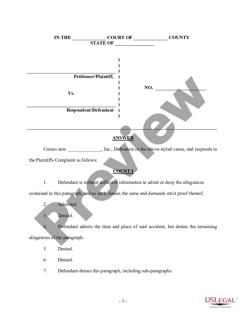 page 0 Answer and Defenses - Motor Vehicle Accident - Long preview