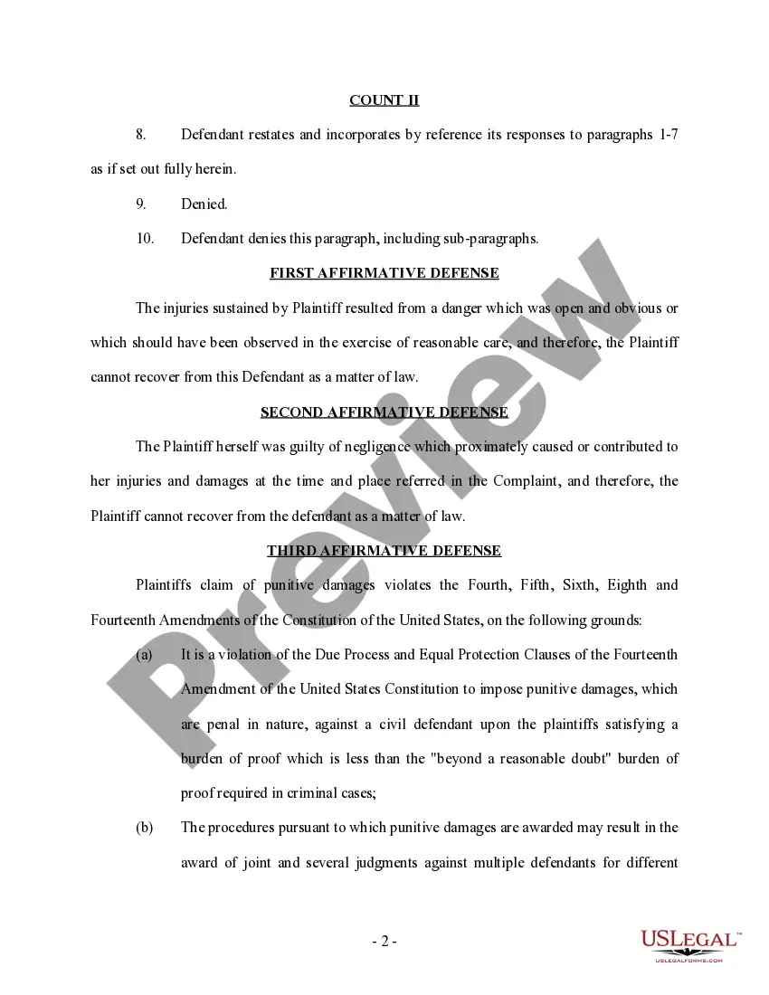 Get Answer and Defenses - Motor Vehicle Accident - Long Preview Answer and Defenses - Motor Vehicle Accident - Long