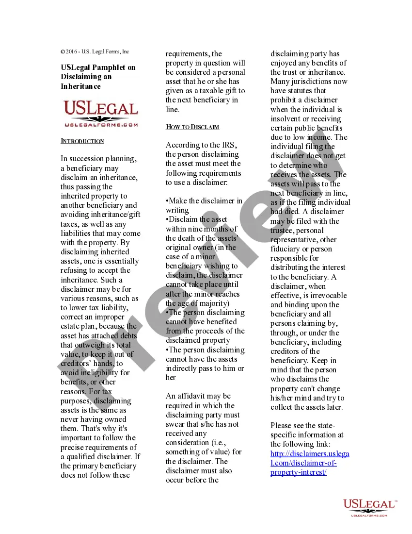 Get USLegal Pamphlet on Disclaiming an Inheritance Preview USLegal Pamphlet on Disclaiming an Inheritance