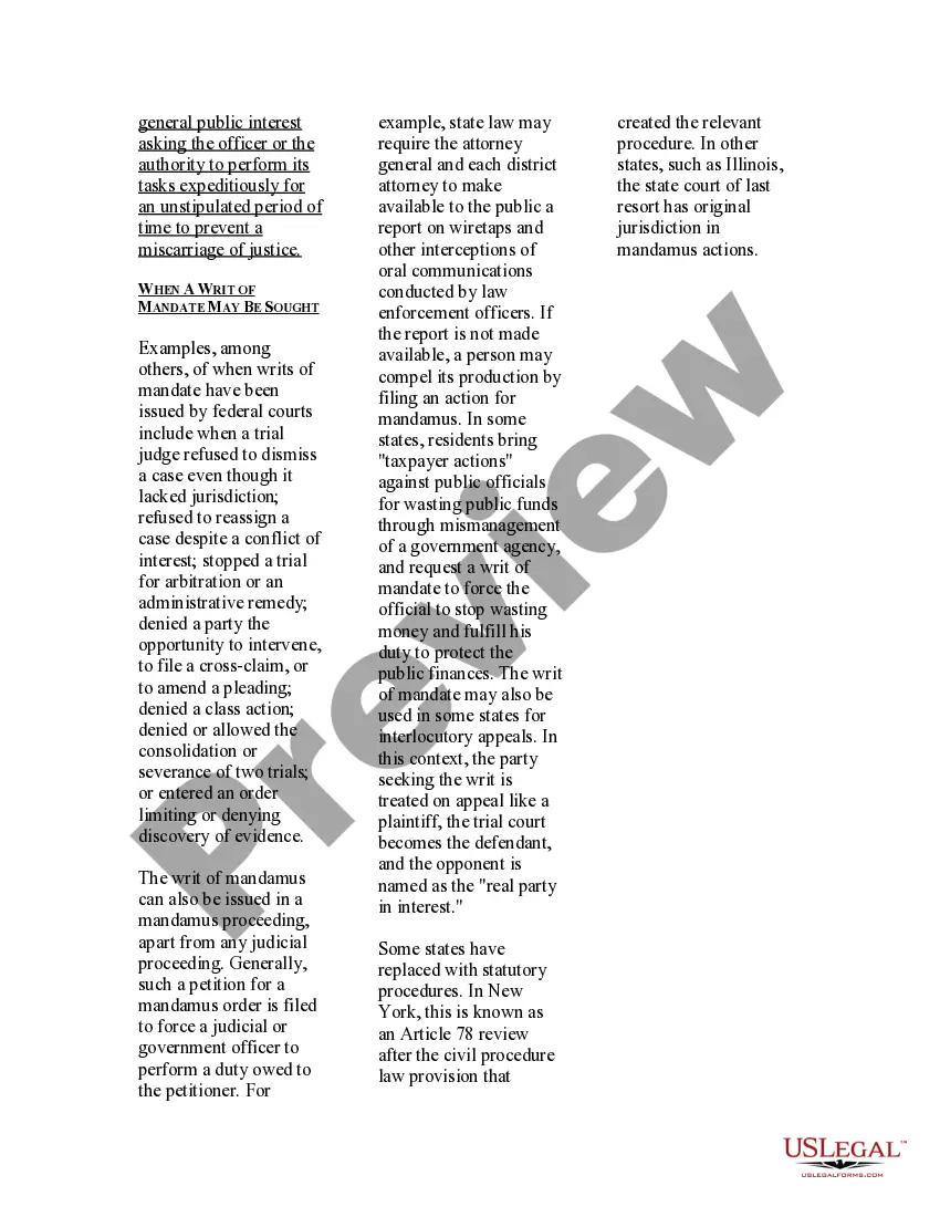 Preview USLegal Pamphlet on Writ of Mandate