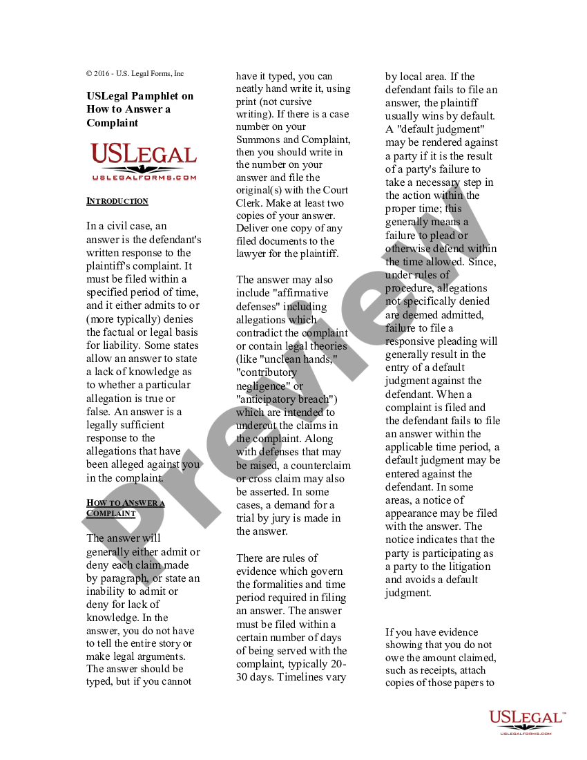 USLegal Pamphlet On How To Answer A Complaint - Answer To Civil ...