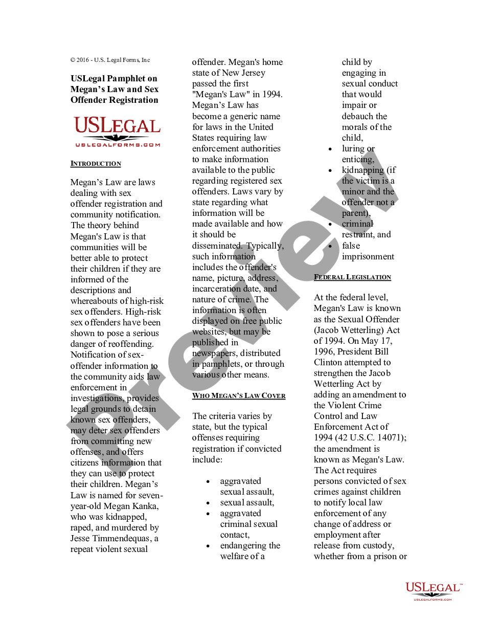 page 0 USLegal Pamphlet on Megan's Law and Sex Offender Registration preview