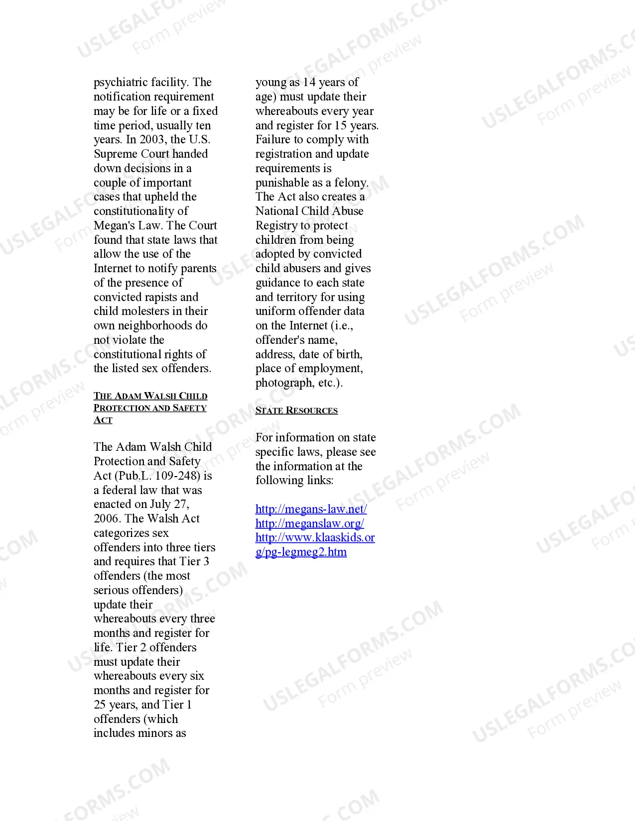 Preview USLegal Pamphlet on Megan's Law and Sex Offender Registration