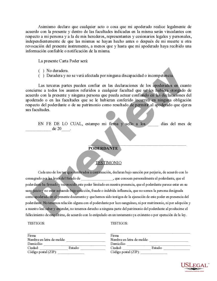 Get Carta Poder Limitada - Limited Power of Attorney Preview Carta Poder Limitada - Limited Power of Attorney