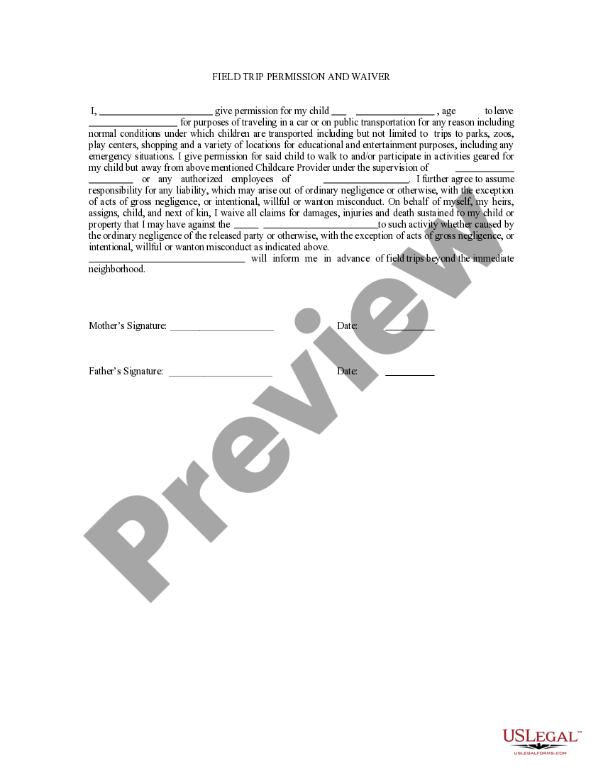 Idaho Field Trip Permission and Waiver Field Trip Form US Legal Forms