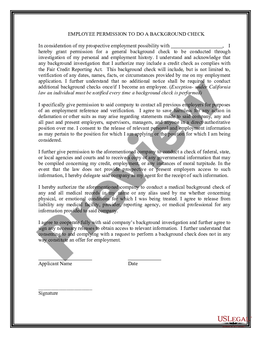 Employee Permission To Do A Background Check Employee Do Us Legal Forms 5539