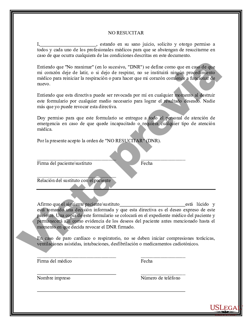 Texas Solicitud de no resucitar DNR US Legal Forms