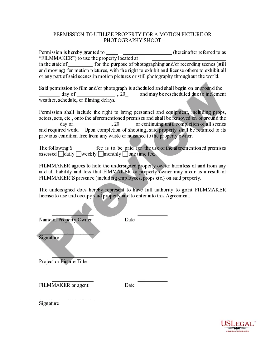 Preview Permission To Utilize Property For a Motion Picture Or Photography Shoot