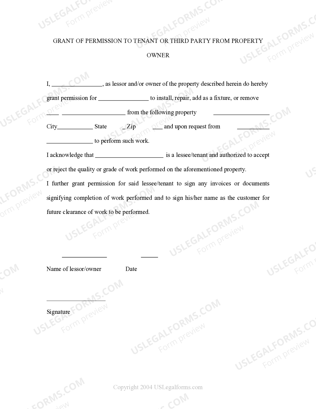 West Virginia Grant Of Permission To Tenant Or Third Party From