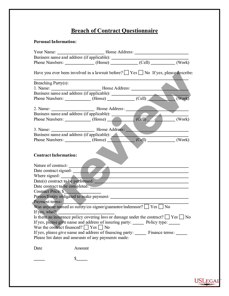 page 0 Breach of Contract Questionnaire preview
