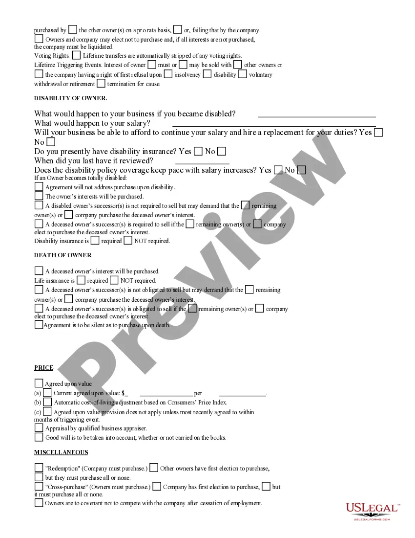 Preview Buy Sell Agreement Questionnaire
