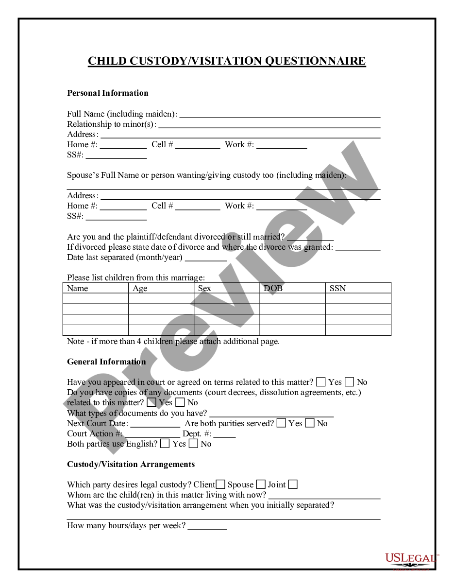 page 0 Child Custody and Visitation Questionnaire preview