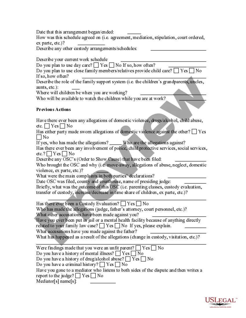 Get Child Custody and Visitation Questionnaire Preview Child Custody and Visitation Questionnaire