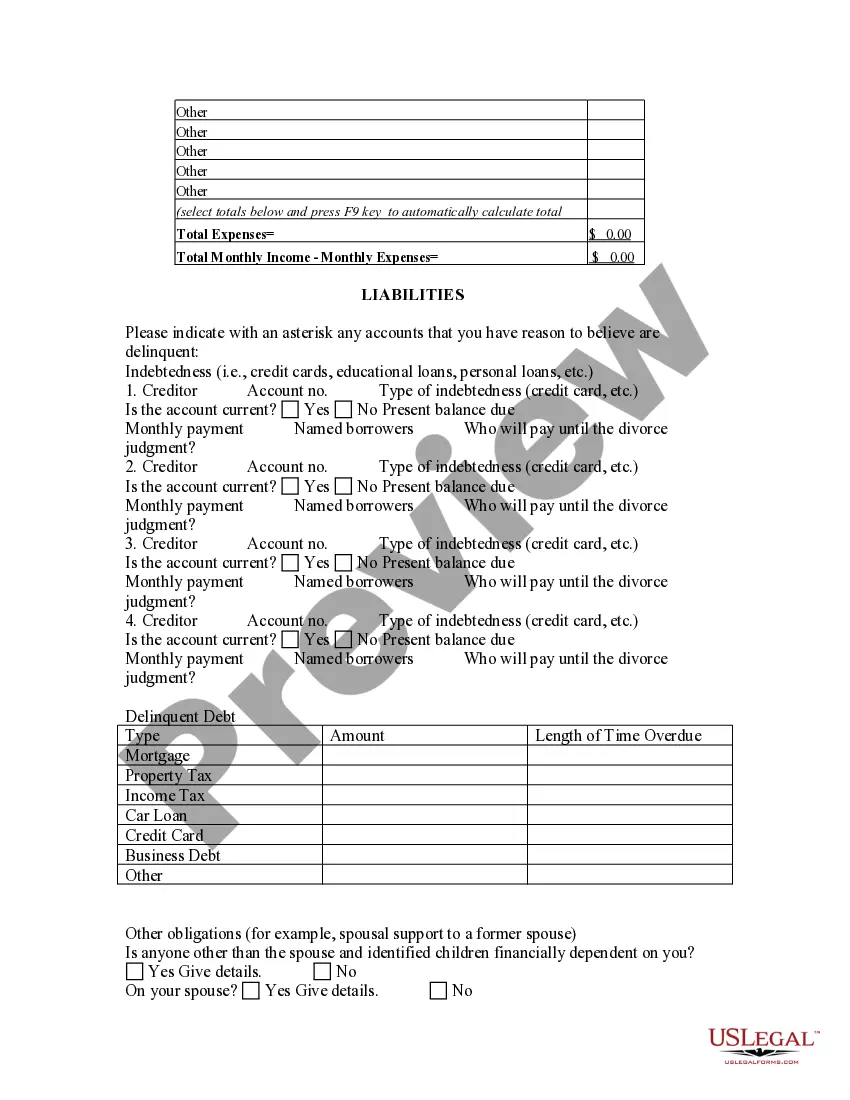 Preview Divorce Questionnaire