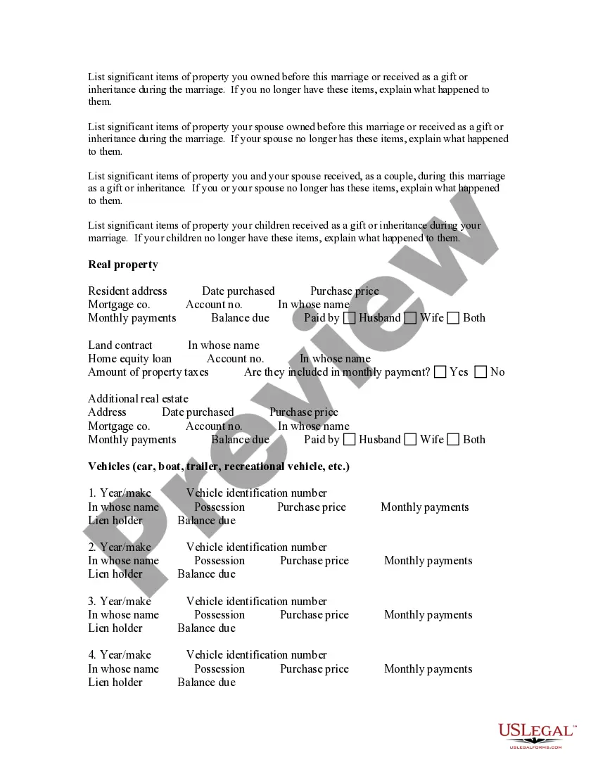 Preview Divorce Questionnaire
