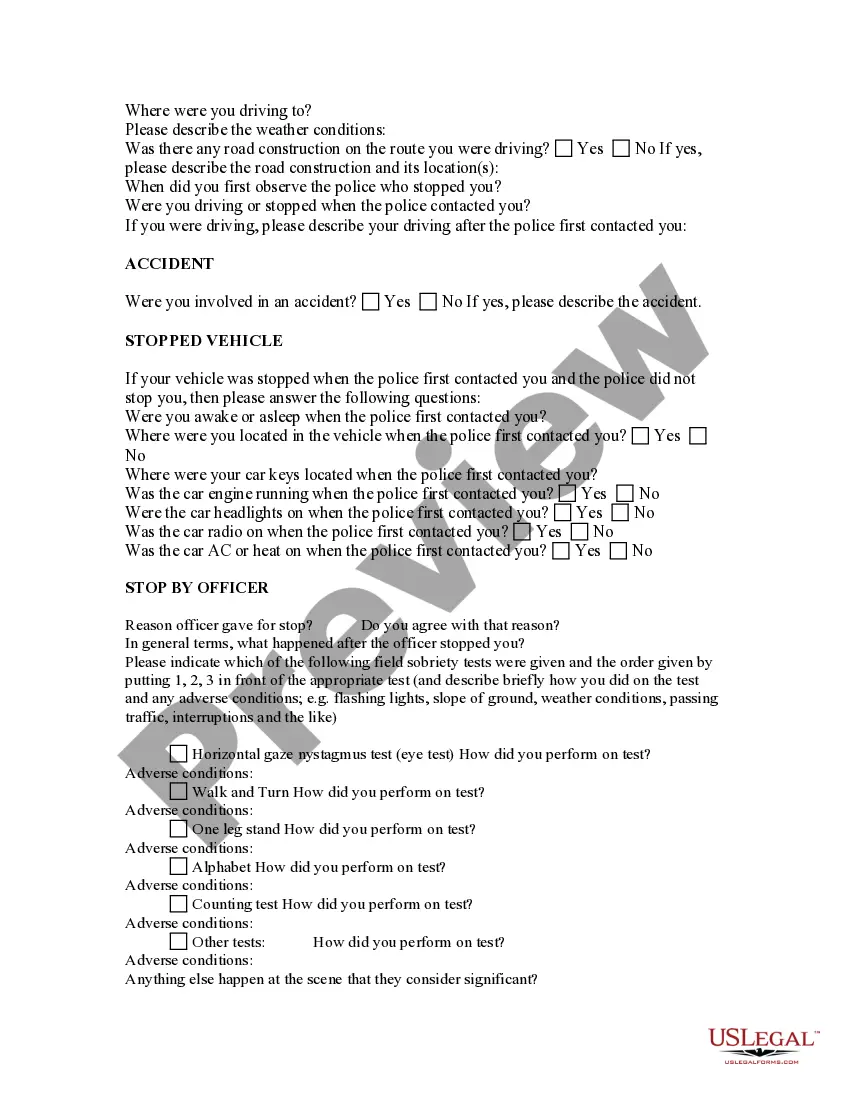 Get Driving Under the Influence - DUI - Questionnaire Preview Driving Under the Influence - DUI - Questionnaire