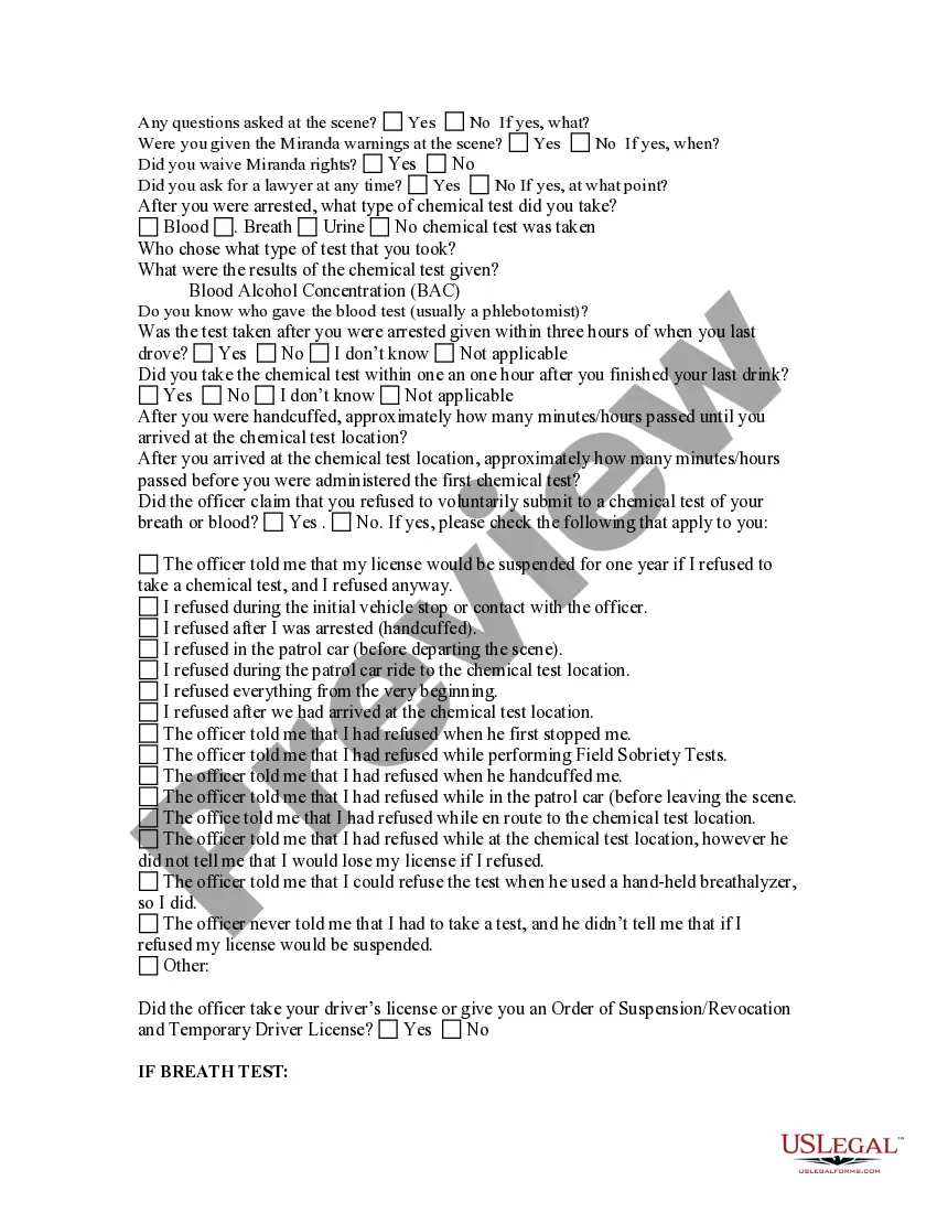 Get Driving Under the Influence - DUI - Questionnaire Preview Driving Under the Influence - DUI - Questionnaire