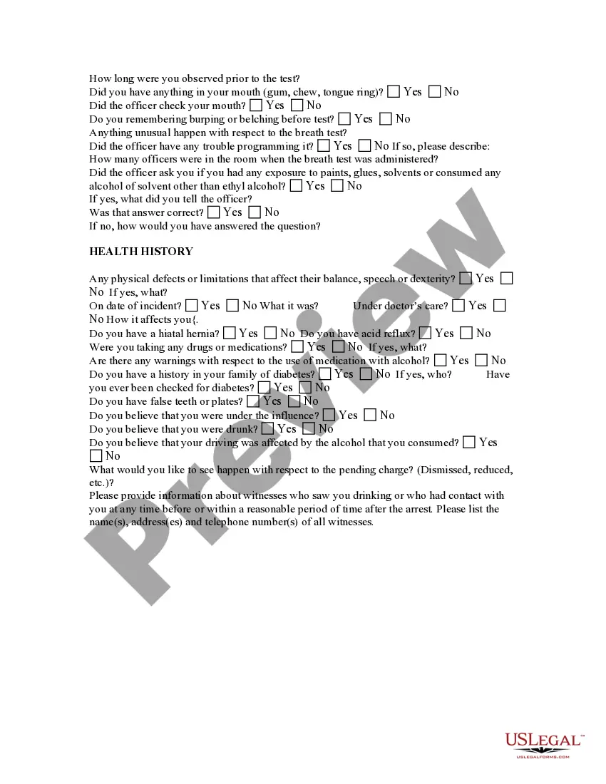 Get Driving Under the Influence - DUI - Questionnaire Preview Driving Under the Influence - DUI - Questionnaire