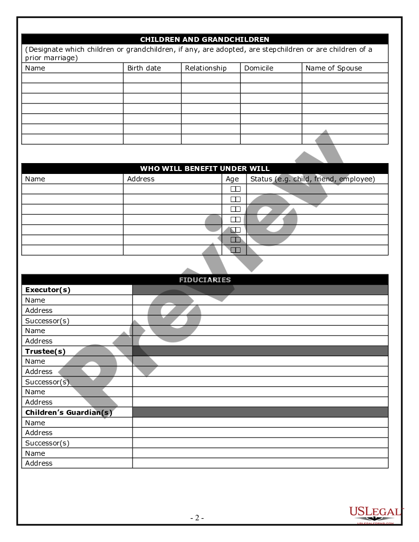 Alaska Estate Planning Questionnaire Estate Planning Checklist Us Legal Forms 9341