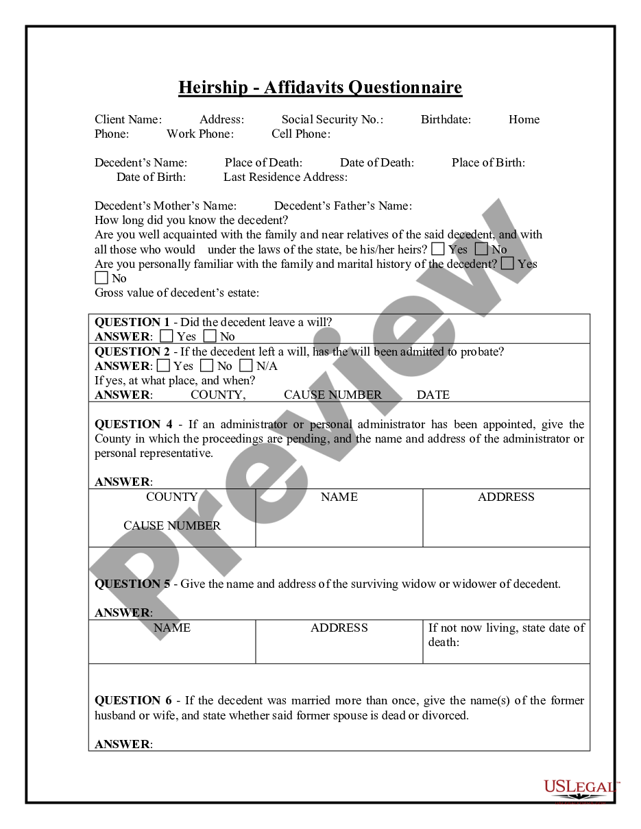 page 0 Heirship or Descent Affidavit Questionnaire preview