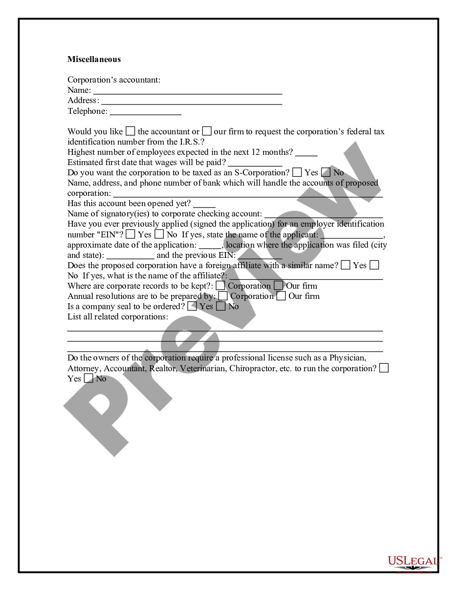 page 2 Business Incorporation Questionnaire preview