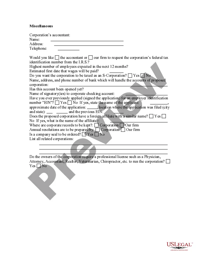 Get Business Incorporation Questionnaire Preview Business Incorporation Questionnaire